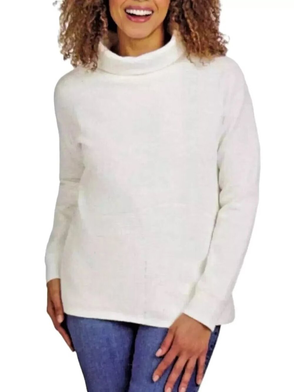 LANDS END L-S Waffle Knit Funnel Neck Pullover Sweatshirt Top Off-White L